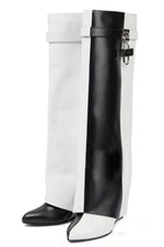 Black & White Color Blocked Padlock Detail Folded Wedge Heel Knee High Long Boots