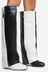 Black & White Color Blocked Padlock Detail Folded Wedge Heel Knee High Long Boots