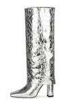 Faux Leather Folded Over Square Toe Block Heeled Knee High Long Boots - Silver