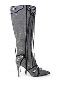 Rhinestone Embellished Faux Suede Knee High Pointed Toe Stiletto Boots With Studs And Pin Buckle Strap Details