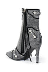 Rhinestone Embellished Faux Suede Pointed Toe Ankle Stiletto Boots With Studs And Pin Buckle Strap Details