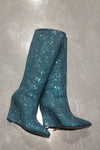 Crystal Embellished Faux Suede Wedge Heel Knee Boots - Purple/Light Blue/Black/Silver