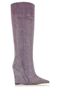 Crystal Embellished Faux Suede Wedge Heel Knee Boots - Purple/Light Blue/Black/Silver
