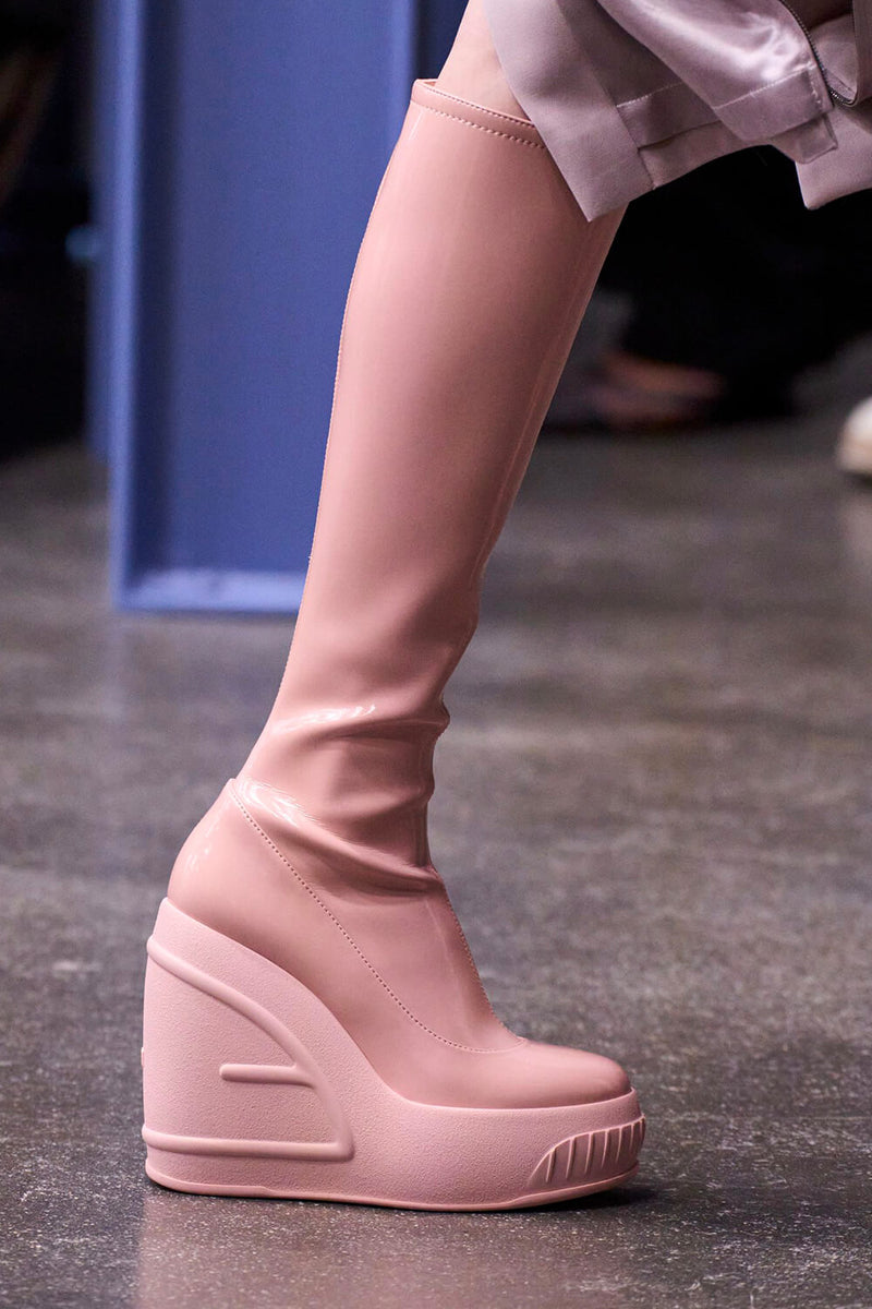 Patent Chunky Platform Wedge Heel Knee High Sock Boots - White/Pink/Black