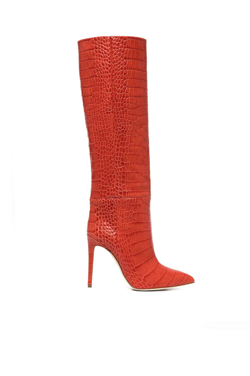 Croc-Effect Faux Leather Pointed Toe Stiletto Heel Knee High Boots