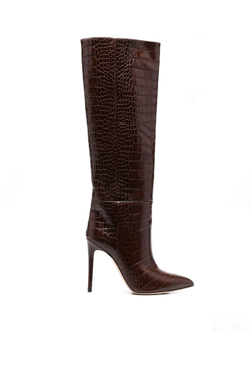 Croc-Effect Faux Leather Pointed Toe Stiletto Heel Knee High Boots