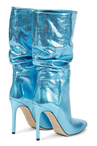 Ruched Metallic Python Slouch Slip-On Mid-Calf Pointed Toe Stiletto Heel Boots - Light Blue/Gold