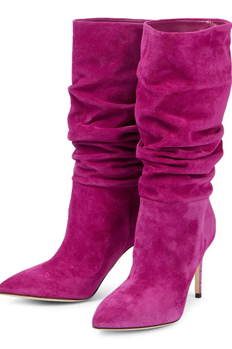 Ruched Faux Suede Slouch Slip-On Mid-Calf Pointed Toe Stiletto Heel Boots - Black/Beige/Hot Pink/Brown