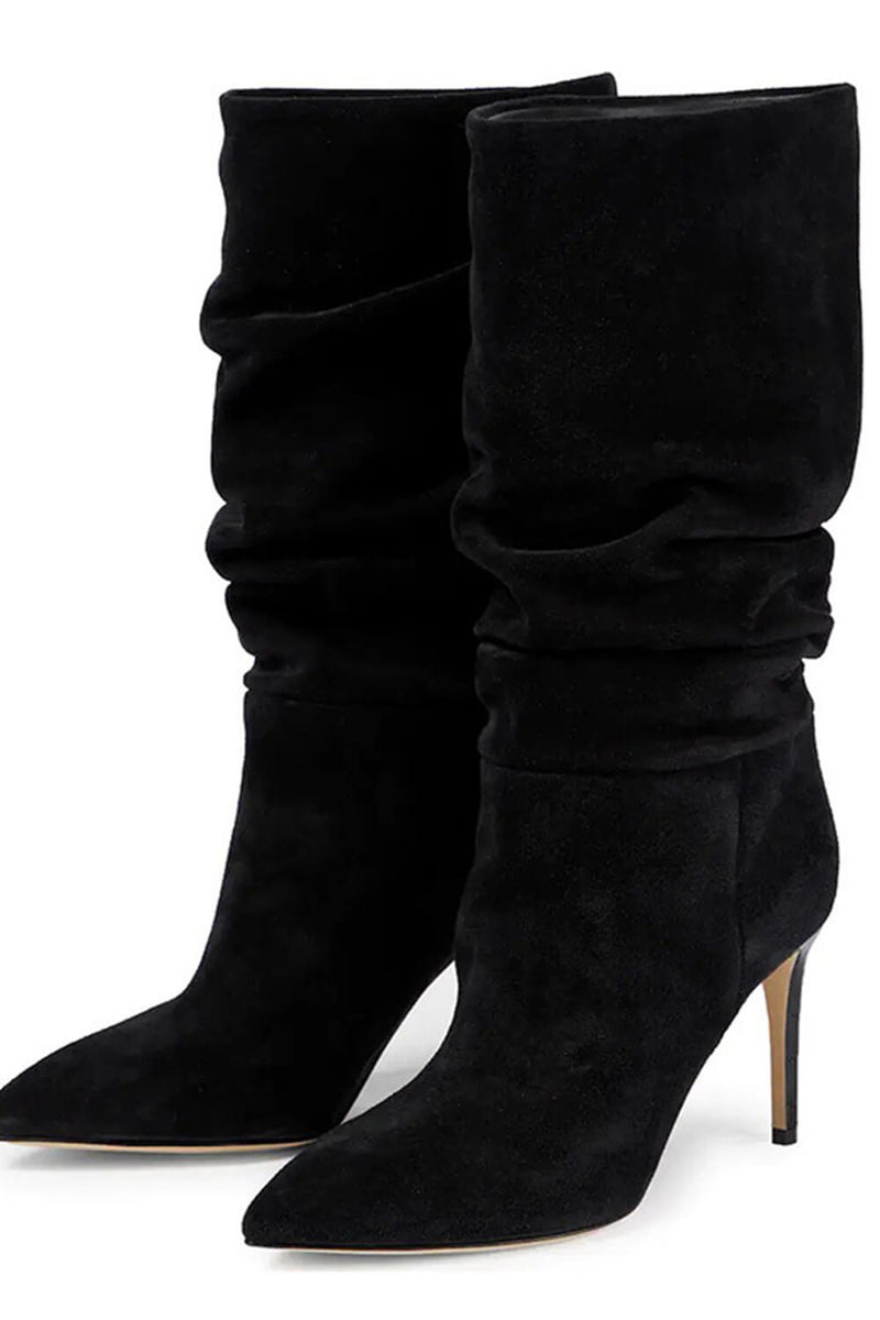 Ruched Faux Suede Slouch Slip-On Mid-Calf Pointed Toe Stiletto Heel Boots - Black/Beige/Hot Pink/Brown