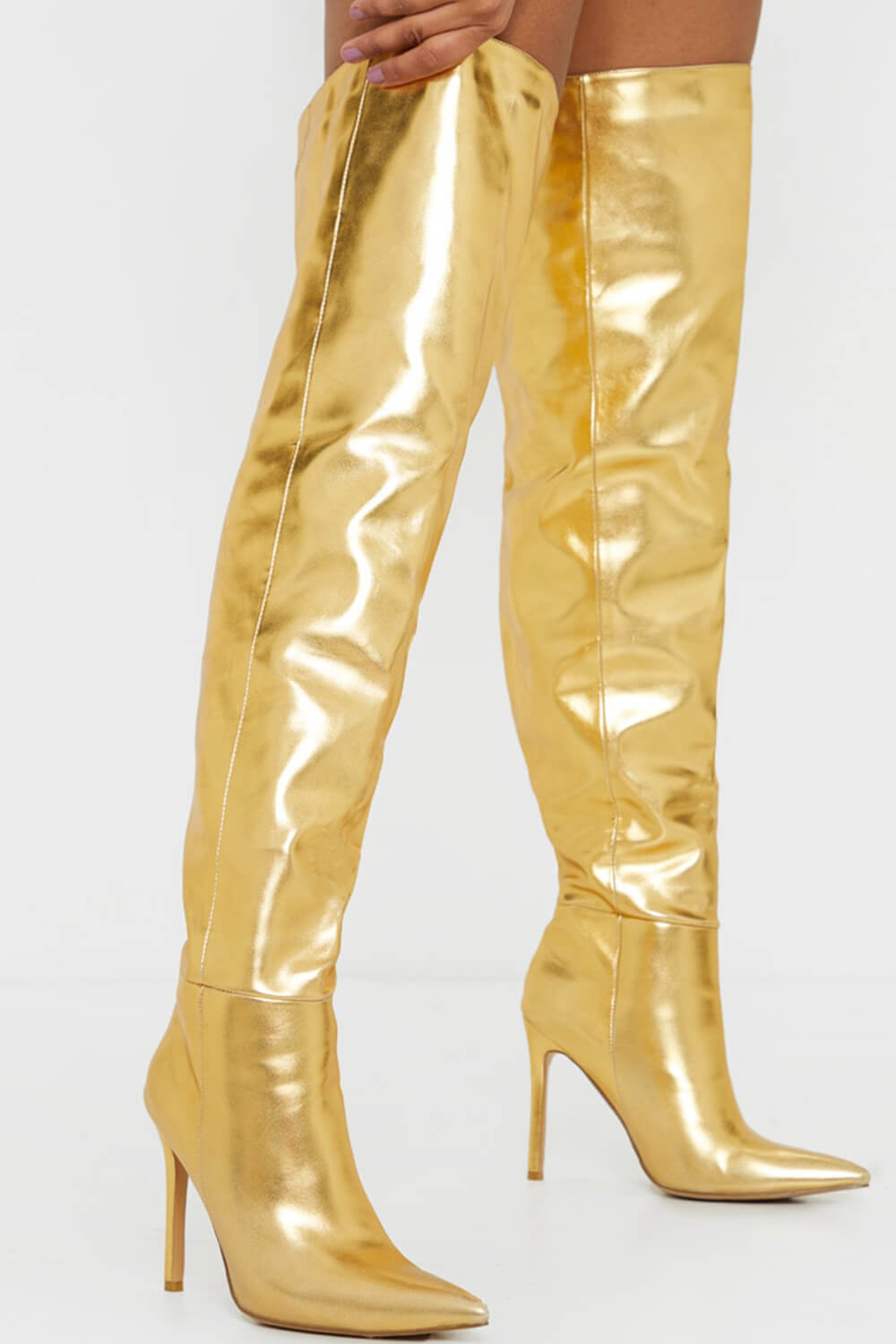 Slouchy Pointed Toe Stiletto Heel Over The Knee Boots - Gold/Silver