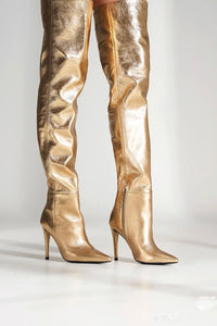 Slouchy Pointed Toe Stiletto Heel Over The Knee Boots - Gold/Silver