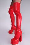 Faux Leather Double Platform Block Heel Thigh High Boots - Black/Red/Nude/Brown