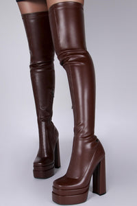 Faux Leather Double Platform Block Heel Thigh High Boots - Black/Red/Nude/Brown