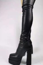 Faux Leather Double Platform Block Heel Thigh High Boots - Black