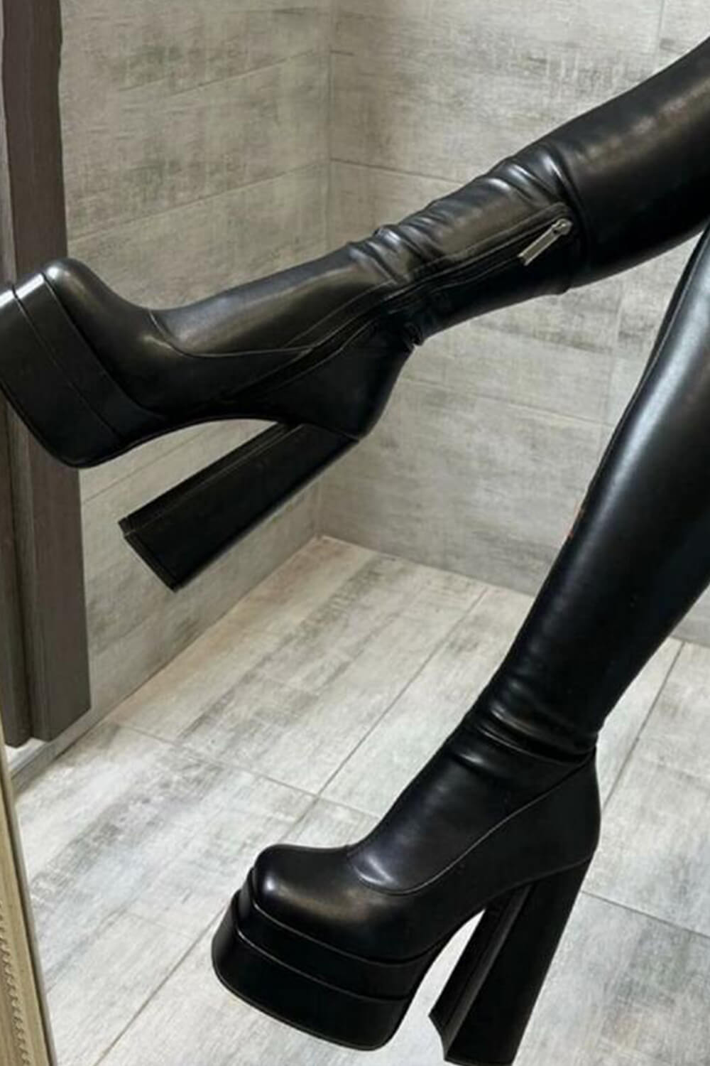 Faux Leather Double Platform Block Heel Thigh High Boots - Black
