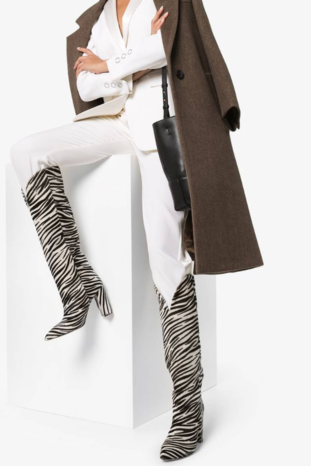Black And White Zebra-Print Pointed Toe Knee-High Boots