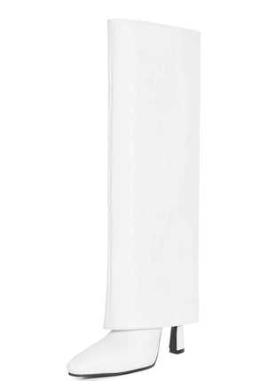 Faux Leather Wide Fit Folded Over Heeled Knee High Long Boots - Black/White