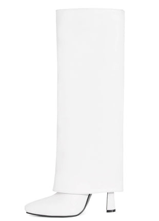 Faux Leather Wide Fit Folded Over Heeled Knee High Long Boots - Black/White