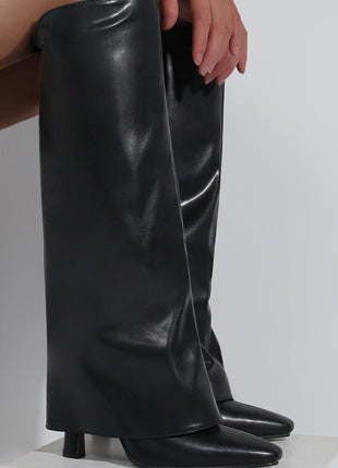Faux Leather Wide Fit Folded Over Heeled Knee High Long Boots - Black/White