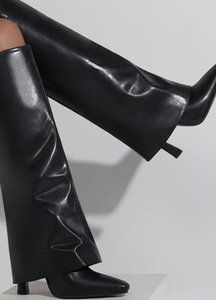 Faux Leather Wide Fit Folded Over Heeled Knee High Long Boots - Black/White