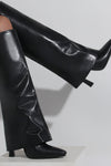 Faux Leather Wide Fit Folded Over Heeled Knee High Long Boots - Black/White