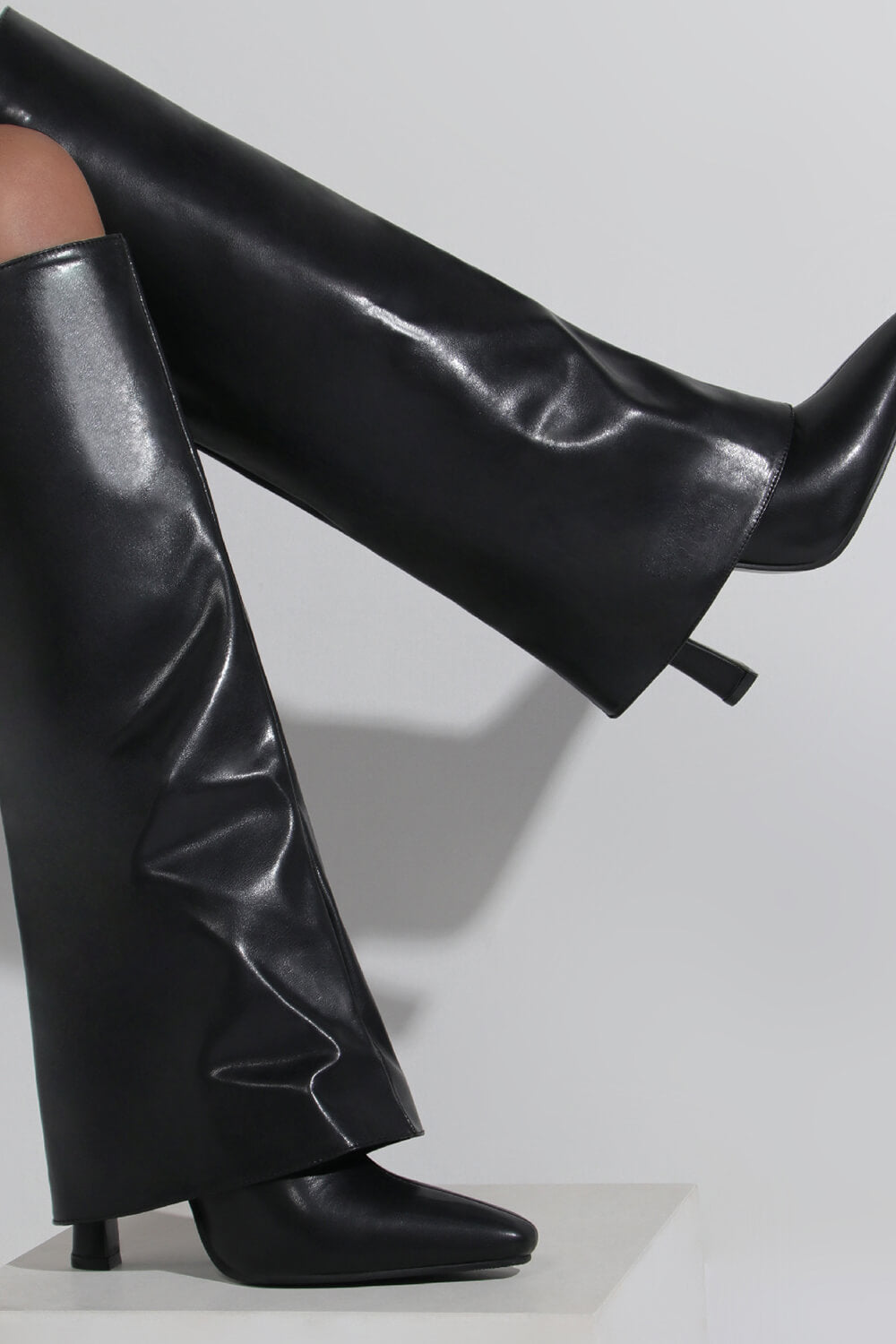 Faux Leather Wide Fit Folded Over Heeled Knee High Long Boots - Black ...