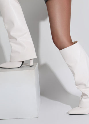 Faux Leather Wide Fit Folded Over Heeled Knee High Long Boots - Black/White