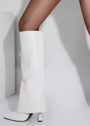 Faux Leather Wide Fit Folded Over Heeled Knee High Long Boots - Black/White