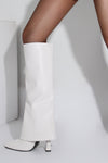 Faux Leather Wide Fit Folded Over Heeled Knee High Long Boots - Black/White