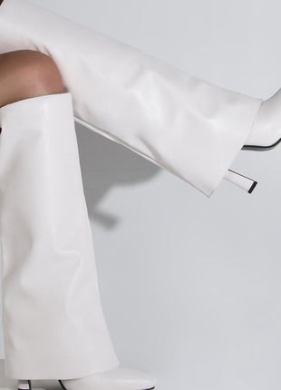 Faux Leather Wide Fit Folded Over Heeled Knee High Long Boots - Black/White