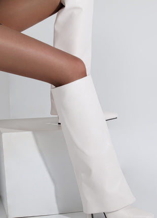 Faux Leather Wide Fit Folded Over Heeled Knee High Long Boots - Black/White