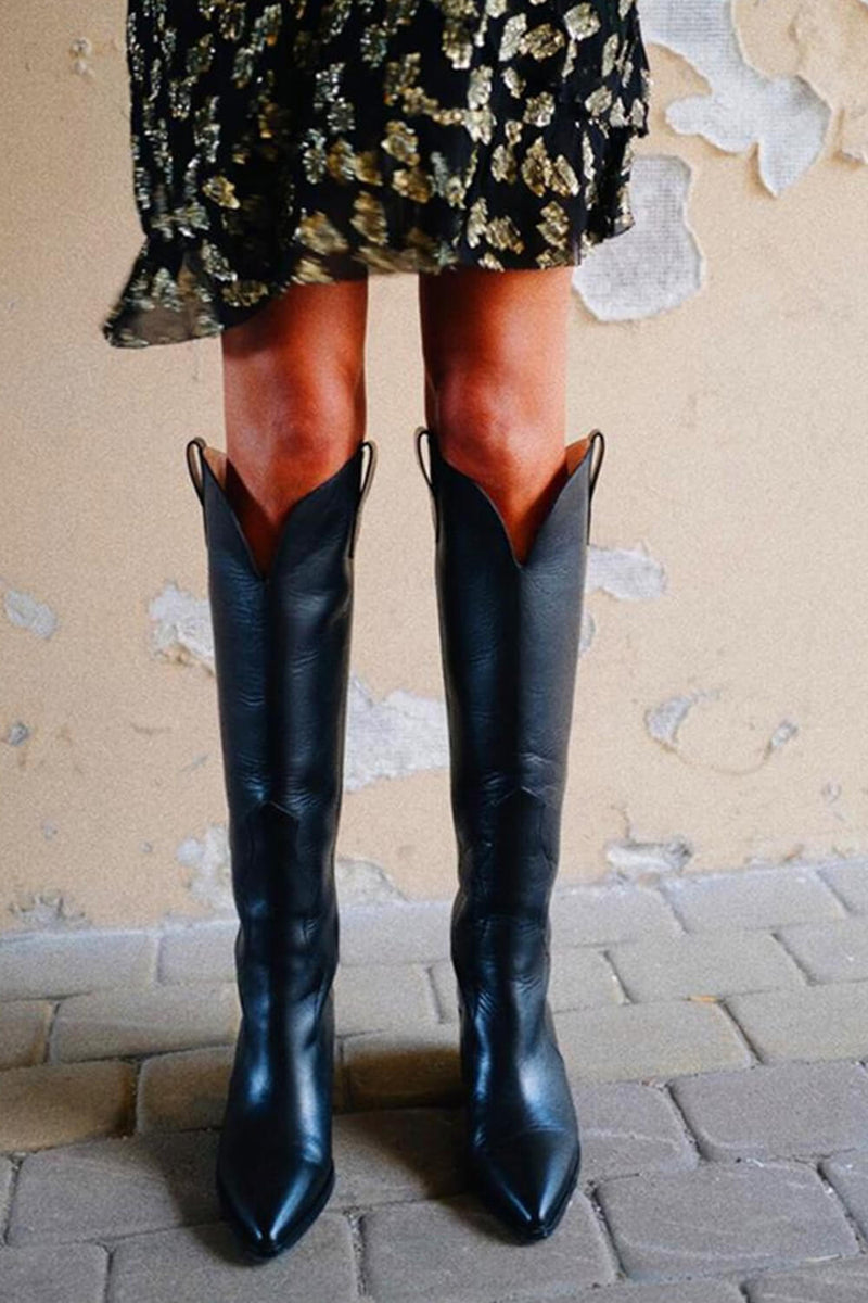 Pointed Toe Long Western Style Knee Block Boots - Black
