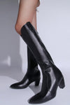Pointed Toe Long Western Style Knee Block Boots - Black