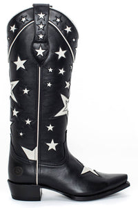 Stars Pointed Toe Long Western Cowboy Knee Block Boots - Black