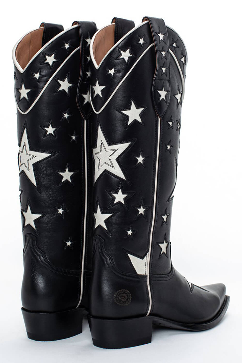 Stars Pointed Toe Long Western Cowboy Knee Block Boots - Black