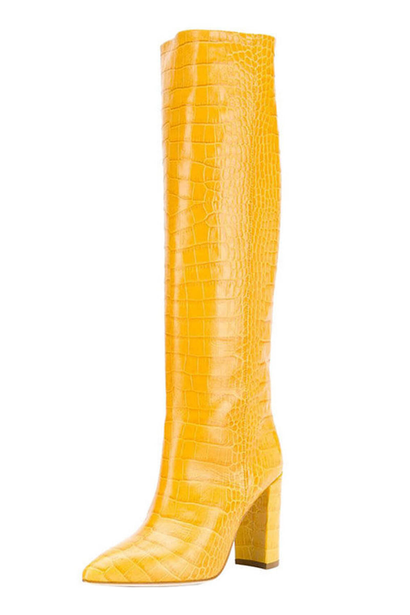 Croc-Effect Faux Leather Pointed Toe Block Heel Knee-High Boots - Yellow