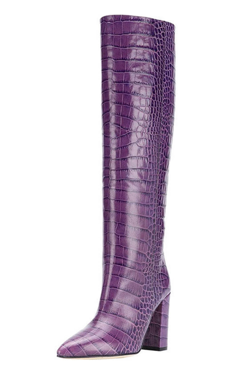 Croc-Effect Faux Leather Pointed Toe Block Heel Knee-High Boots - Purple