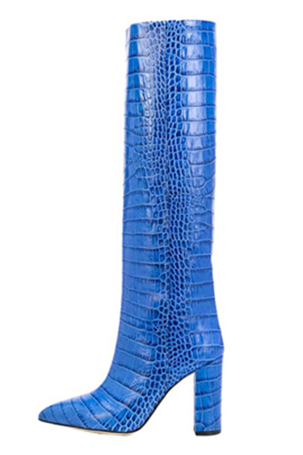 Croc-Effect Faux Leather Pointed Toe Block Heel Knee-High Boots - Blue