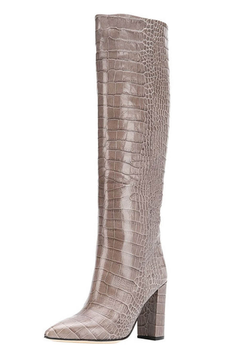 Croc-Effect Faux Leather Pointed Toe Block Heel Knee-High Boots - Khaki
