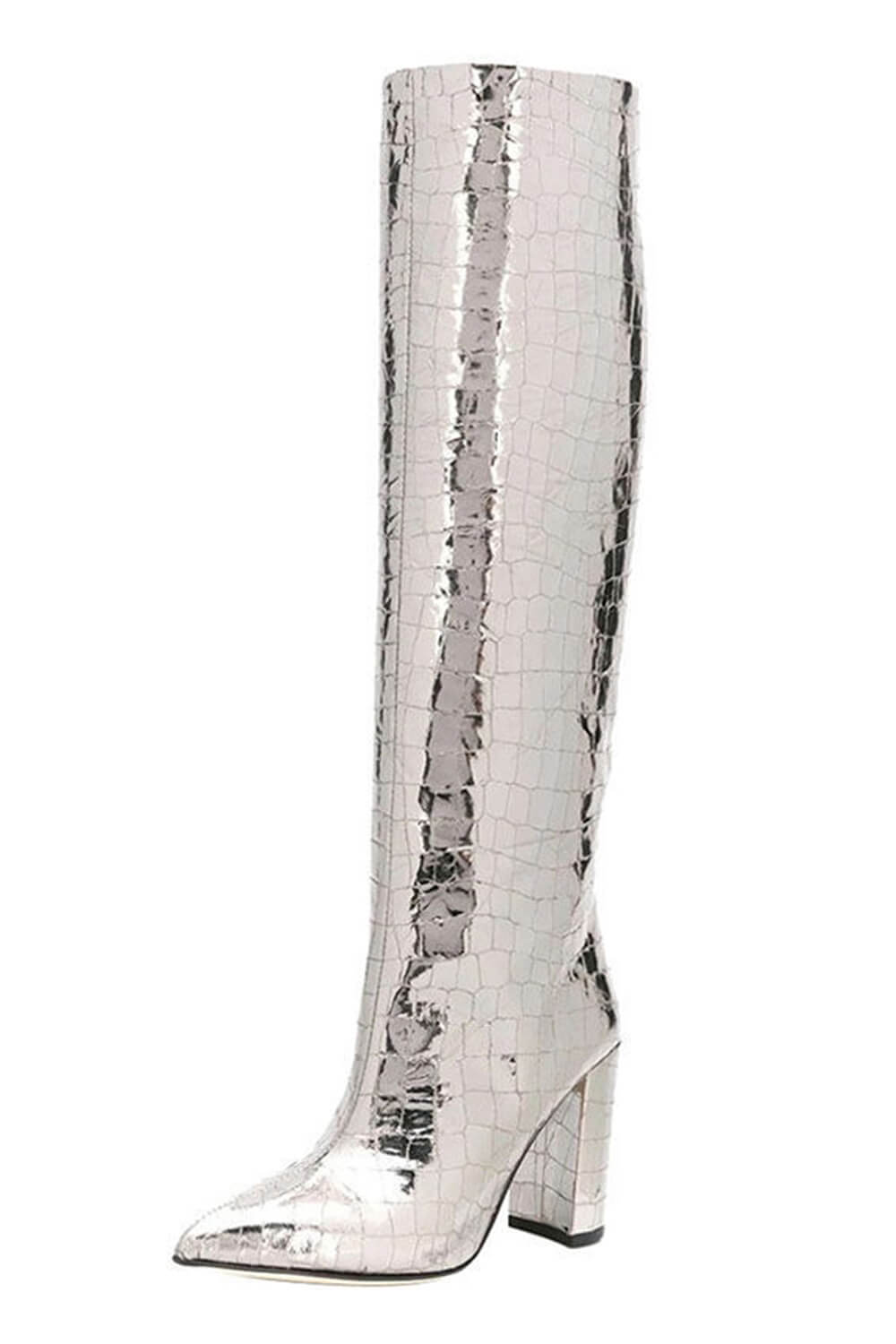 Croc-Effect Faux Leather Pointed Toe Block Heel Knee-High Boots - Silver