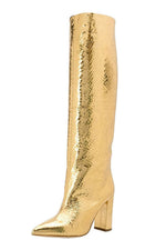 Croc-Effect Faux Leather Pointed Toe Block Heel Knee-High Boots - Gold
