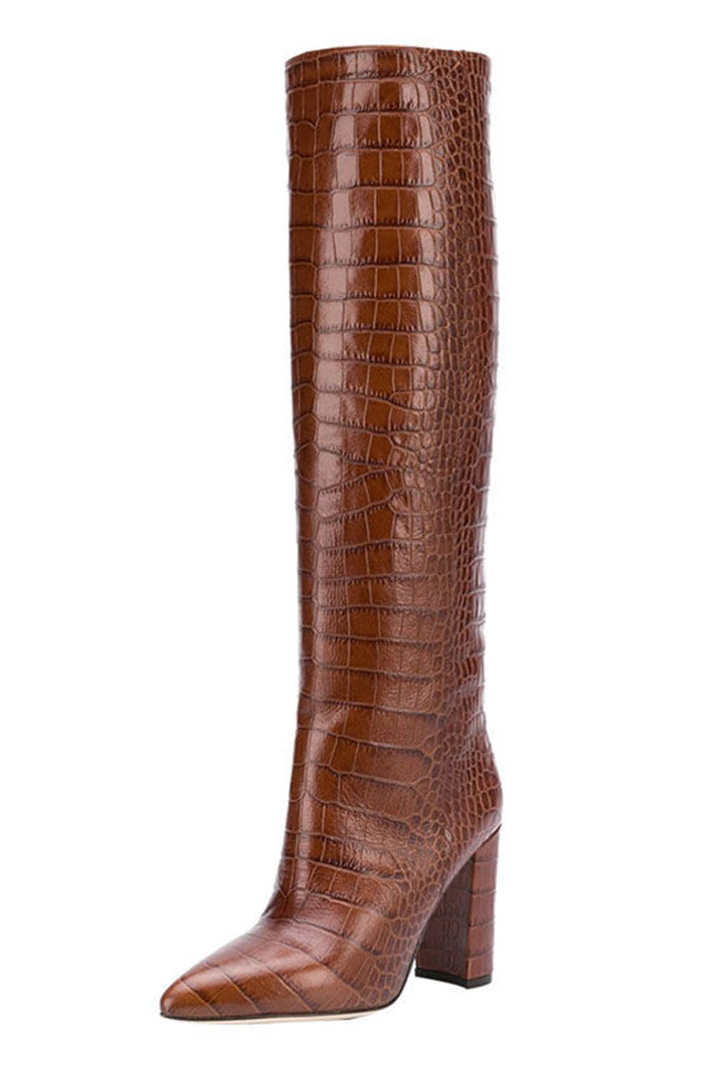 Croc-Effect Faux Leather Pointed Toe Block Heel Knee-High Boots - Brown