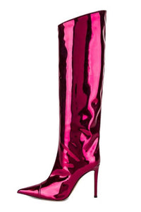 Metallic Finish Knee-High Pointed Toe Stiletto Boots - Hot Pink