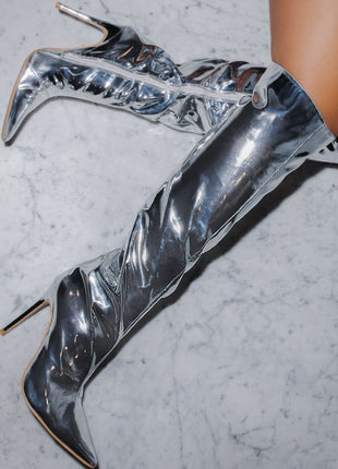 Metallic Finish Knee-High Pointed Toe Stiletto Boots - Silver