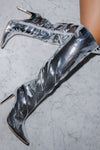 Metallic Finish Knee-High Pointed Toe Stiletto Boots - Silver