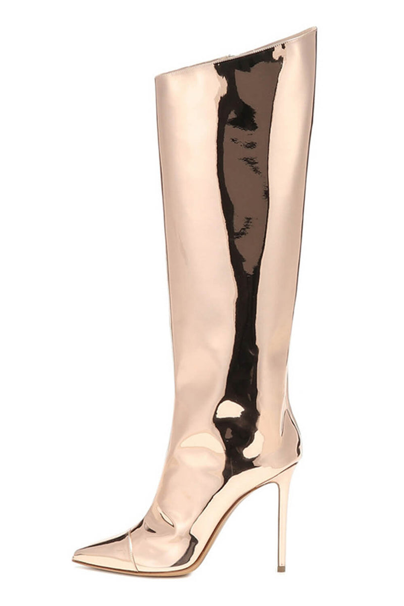 Metallic Finish Knee-High Pointed Toe Stiletto Boots - Champagne