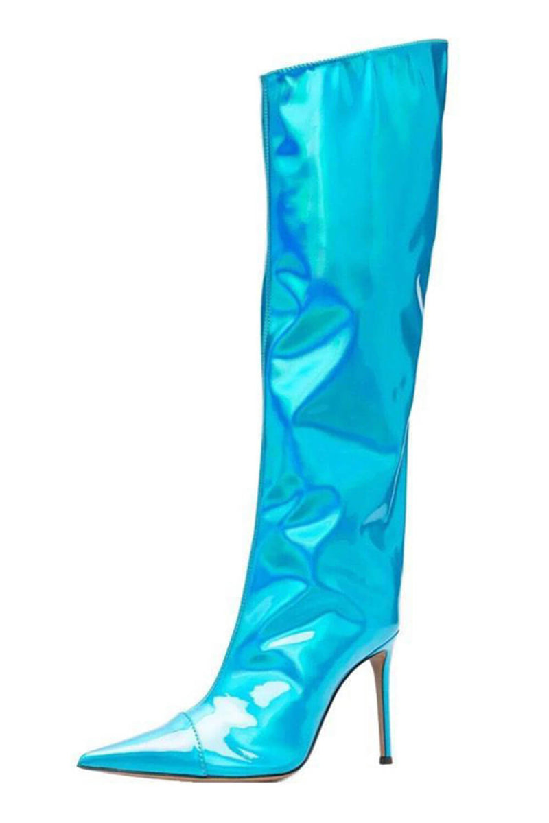 Metallic Finish Knee-High Pointed Toe Stiletto Boots - Light Blue