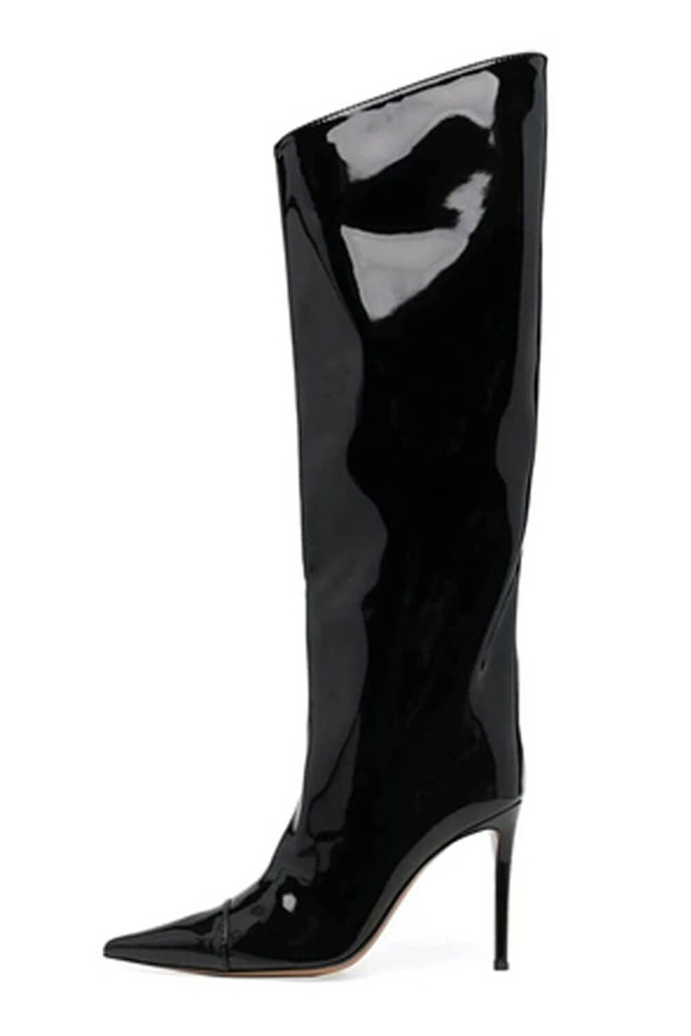 Metallic Finish Knee-High Pointed Toe Stiletto Boots - Black