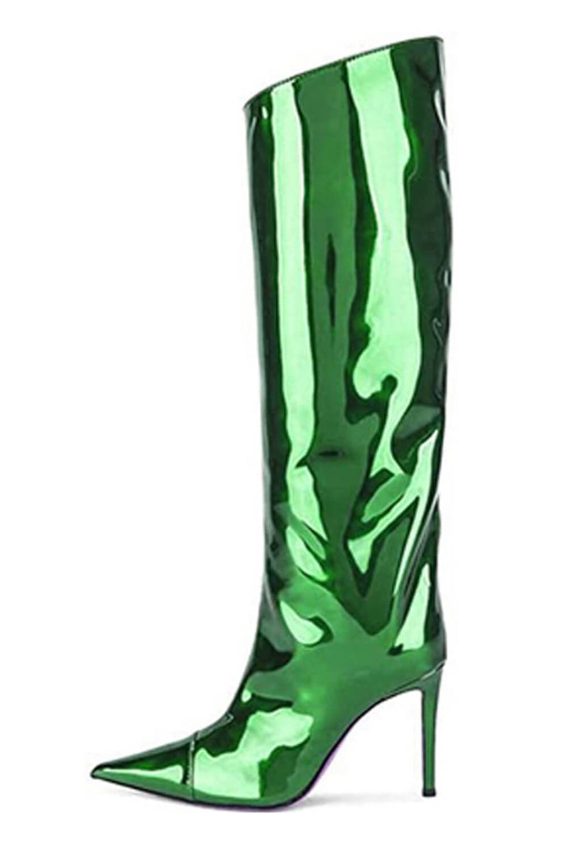Metallic Finish Knee-High Pointed Toe Stiletto Boots - Green
