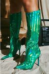 Metallic Finish Knee-High Pointed Toe Stiletto Boots - Green